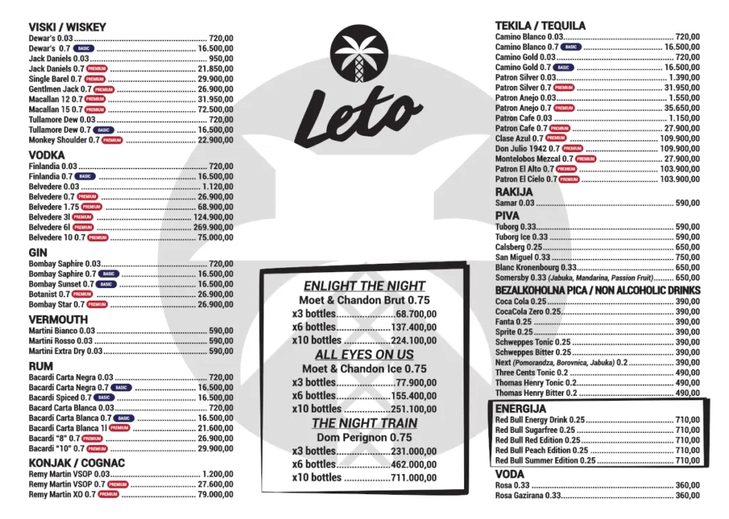 leto splav belgrade nightclub cenovnik pricelist 2026